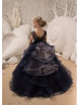 Beaded Navy Blue And Blush Lace Tulle V Back Flower Girl Dress